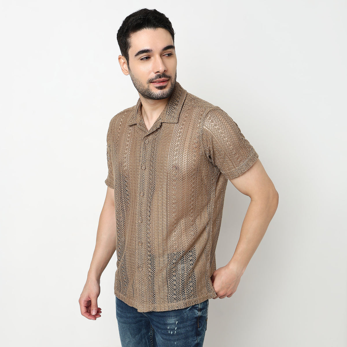 Crochet Camp Collar Cotton Shirt