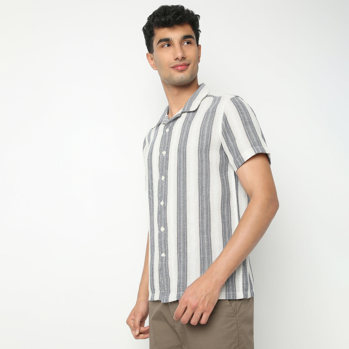 Regular Fit Striped Camp Collar Regular Length Shirt