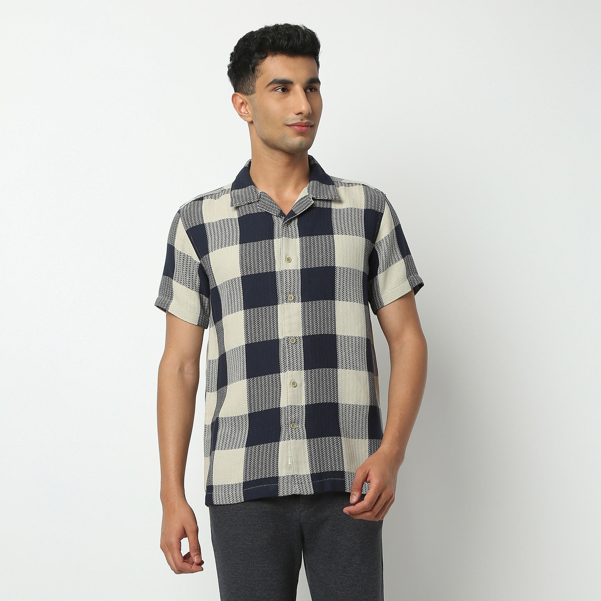 Regular Fit Checkered Camp Collar Shirt