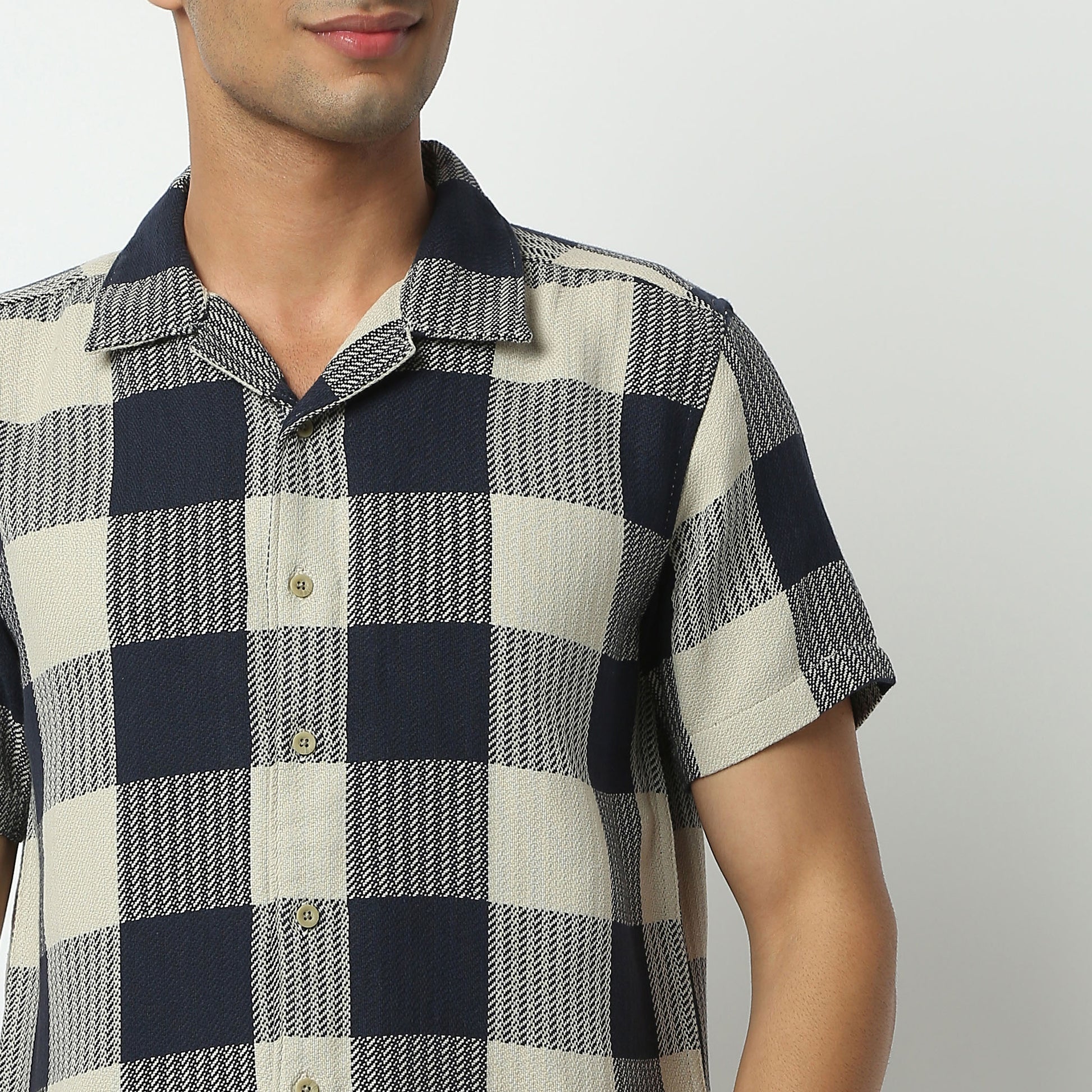 Regular Fit Checkered Camp Collar Shirt