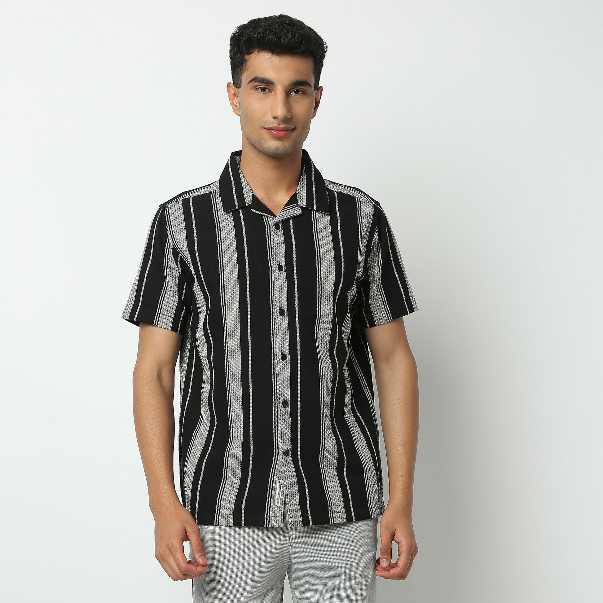 Regular Fit Striped Camp Collar Shirt