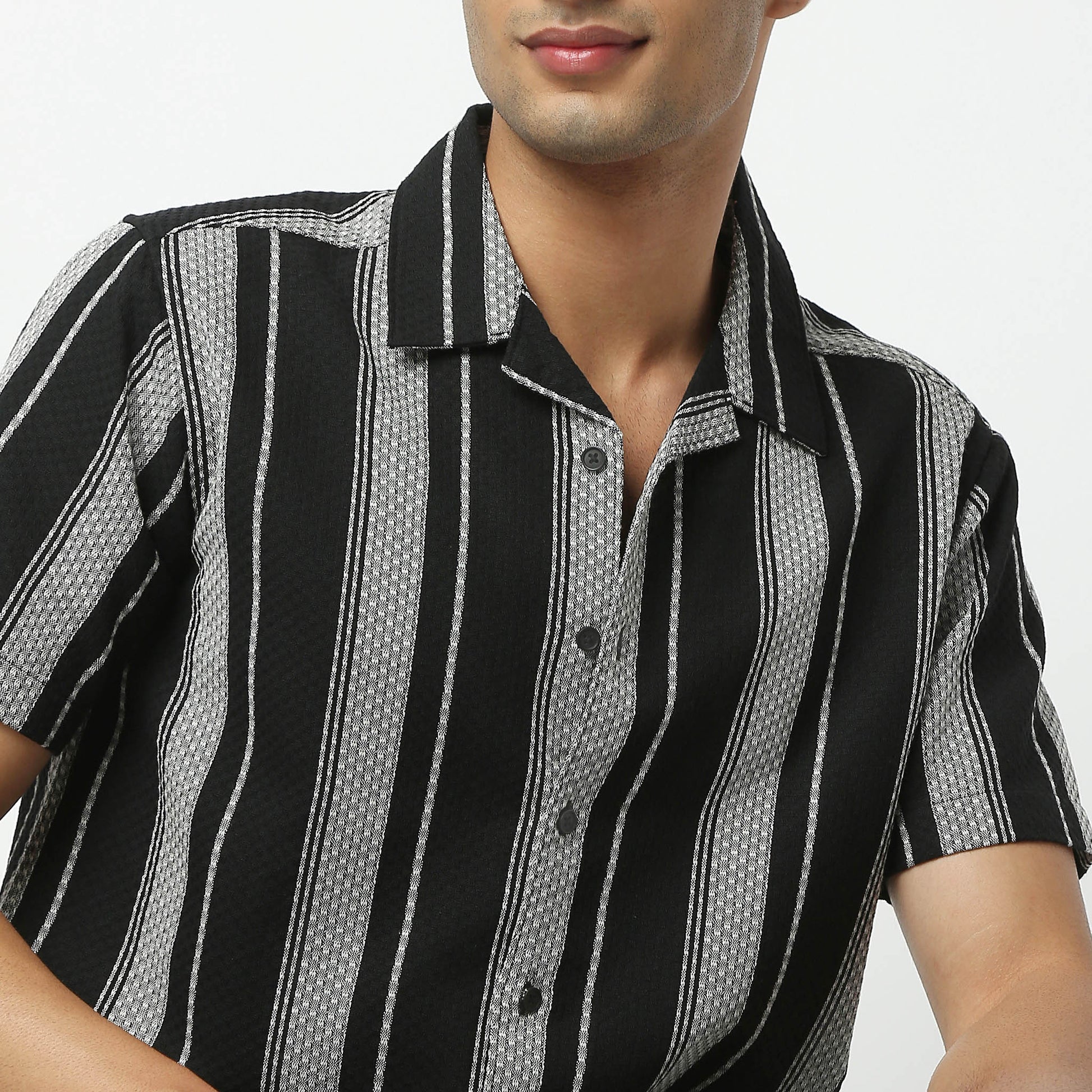 Regular Fit Striped Camp Collar Shirt