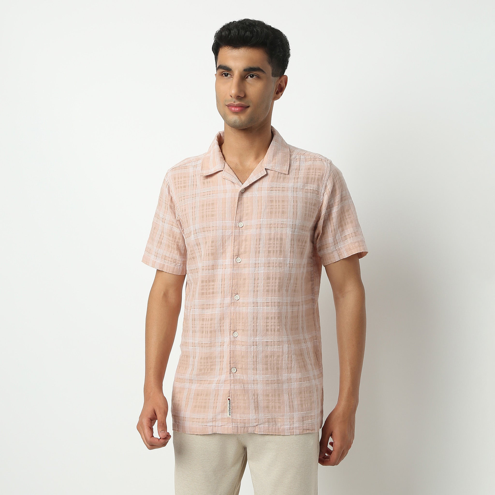 Regular Fit Checkered Camp Collar Shirt