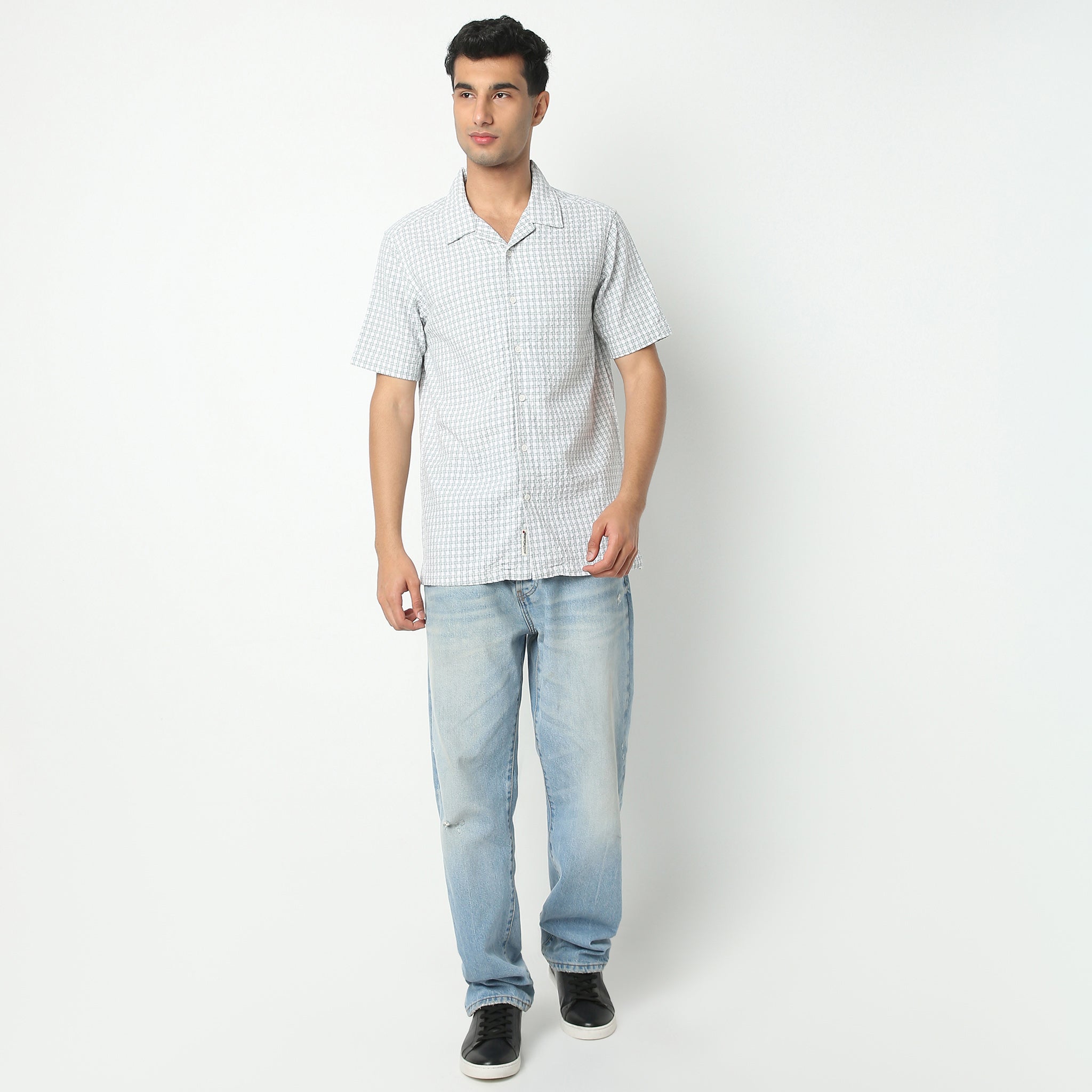 Regular Fit Checkered Camp Collar Shirt
