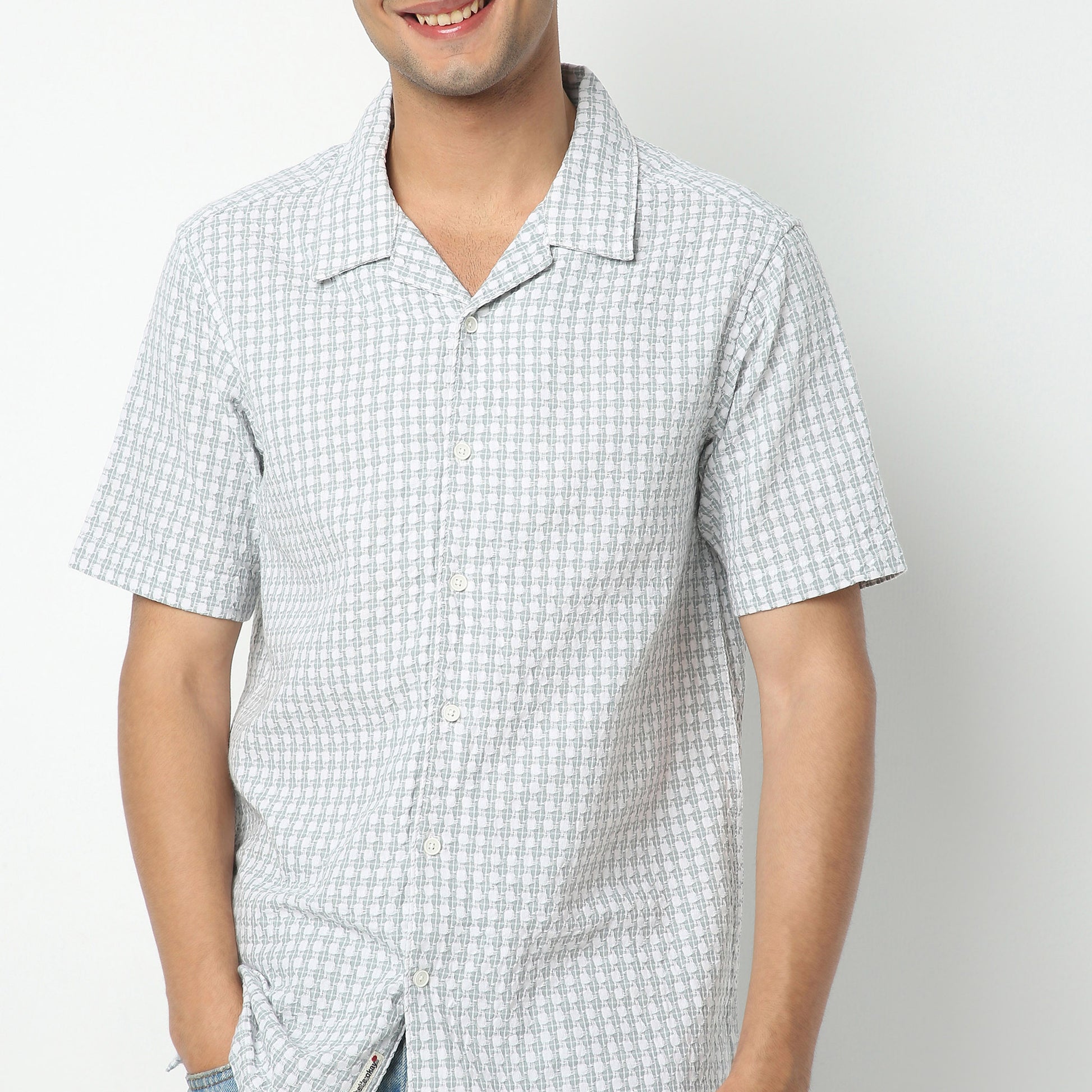 Regular Fit Checkered Camp Collar Shirt