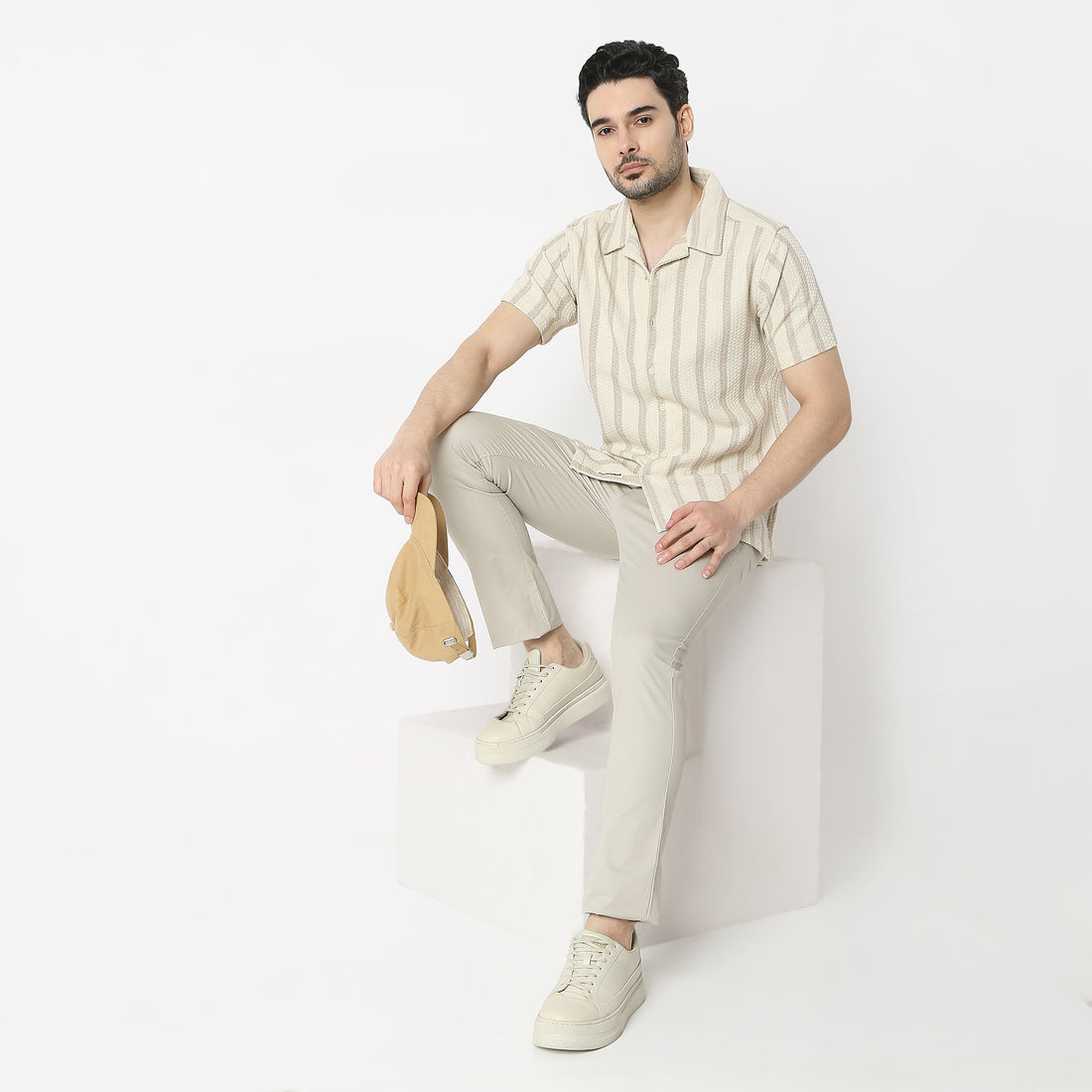 Regular Fit Striped Camp Collar Regular Length Shirt