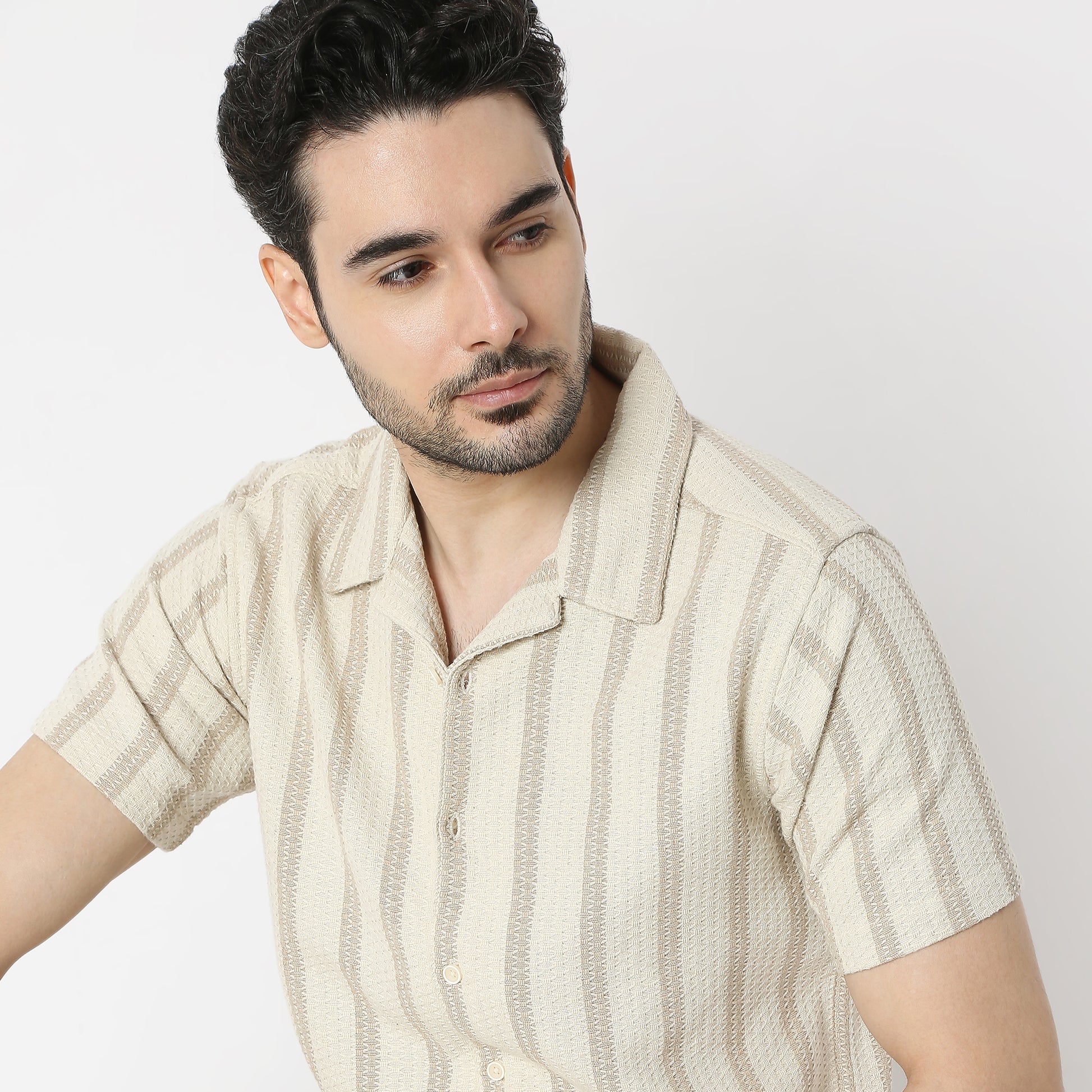 Regular Fit Striped Camp Collar Regular Length Shirt