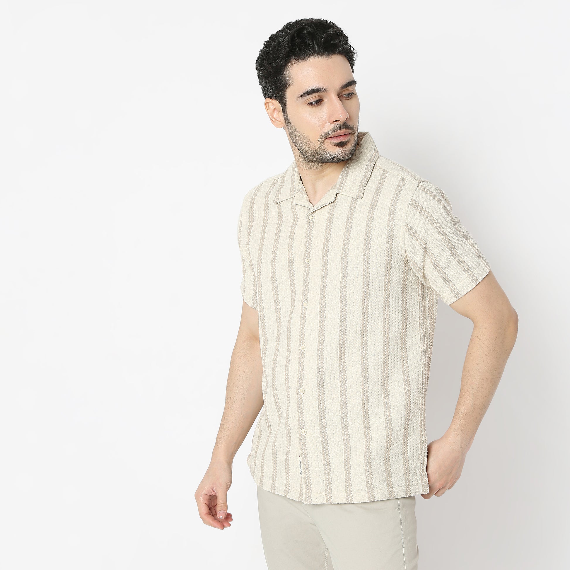 Regular Fit Striped Camp Collar Regular Length Shirt