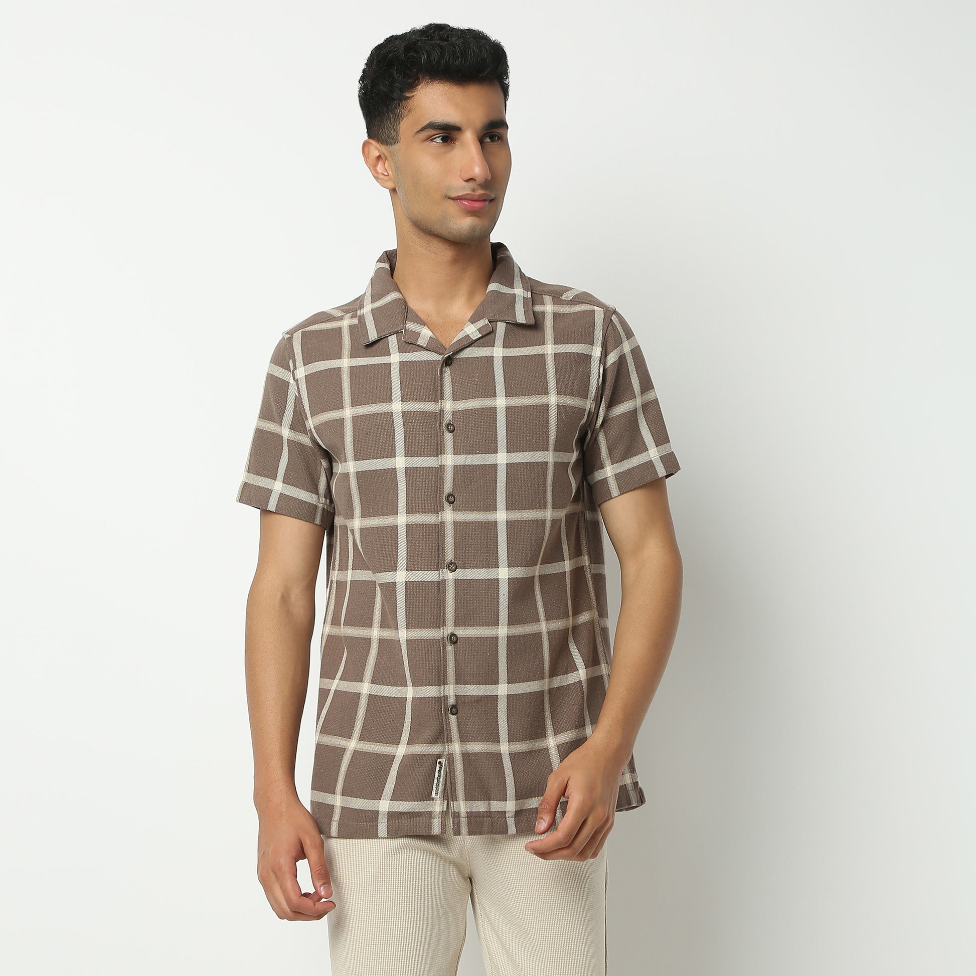 Regular Fit Checkered Camp Collar Shirt
