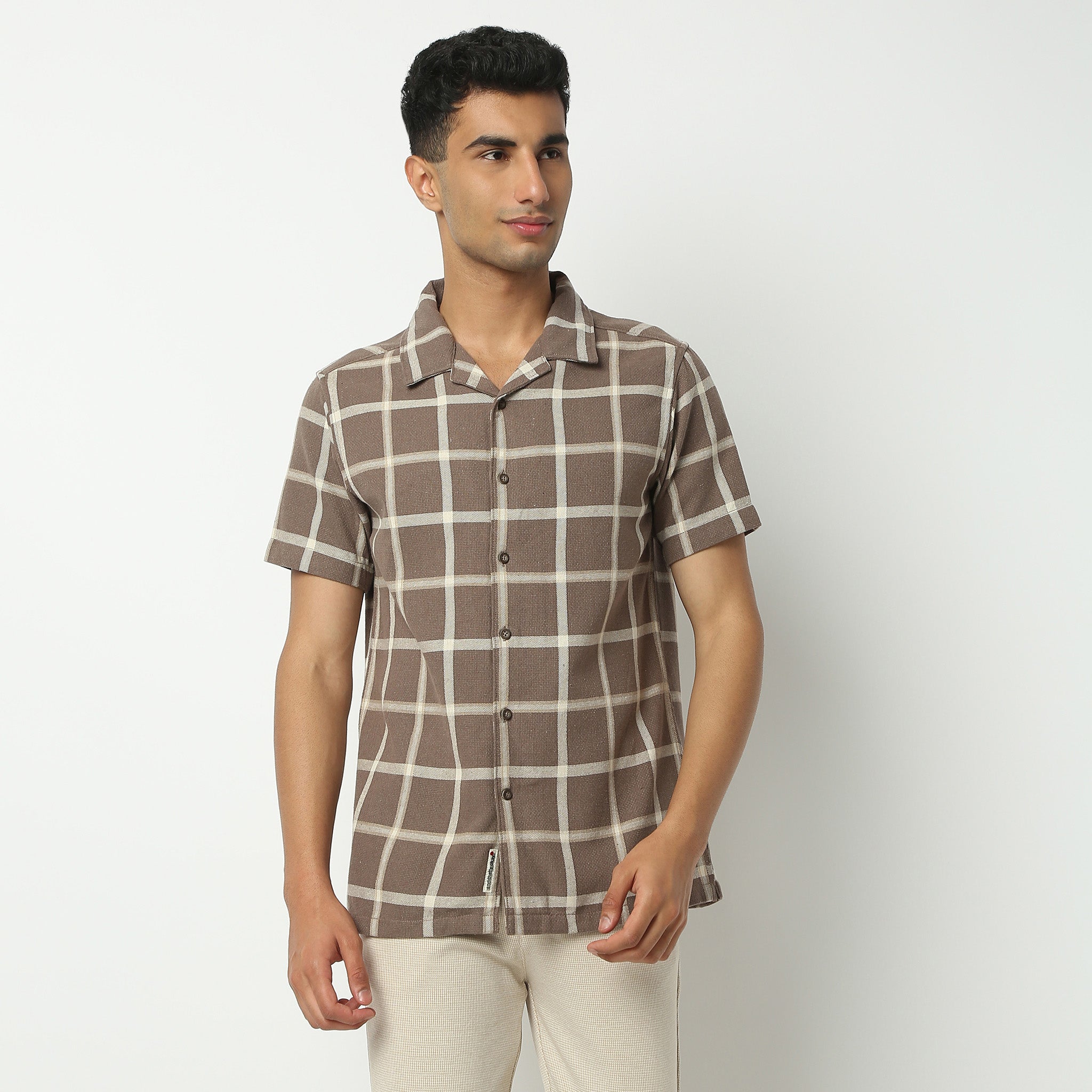 Regular Fit Checkered Camp Collar Shirt