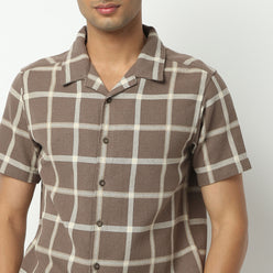 Regular Fit Checkered Camp Collar Shirt