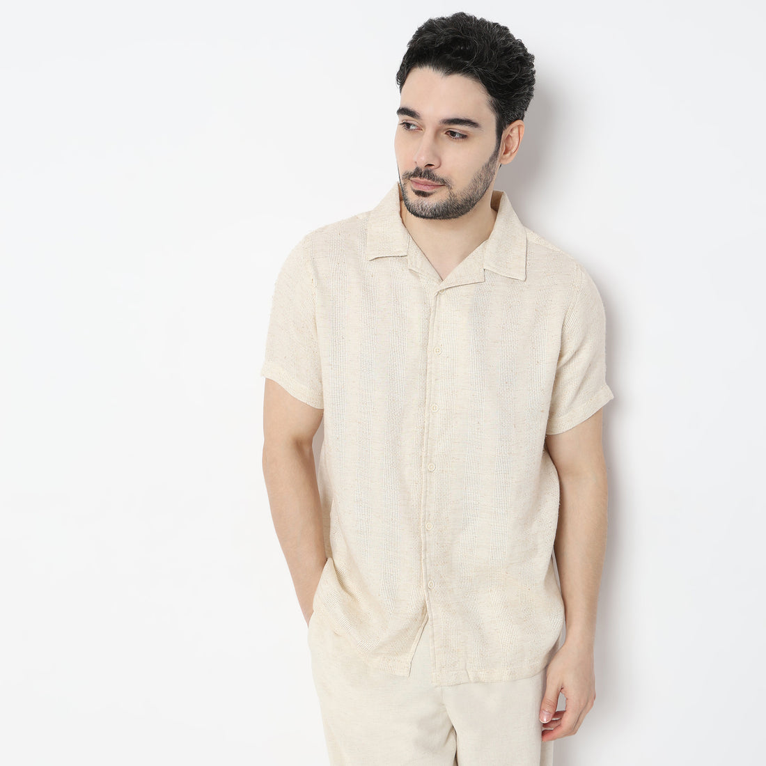 Regular Fit Solid Camp Collar Shirt