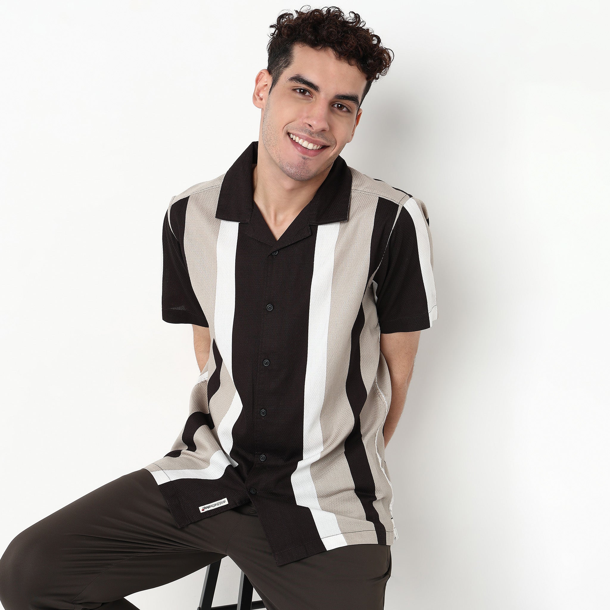 Striped Viscose Camp Collar Shirt