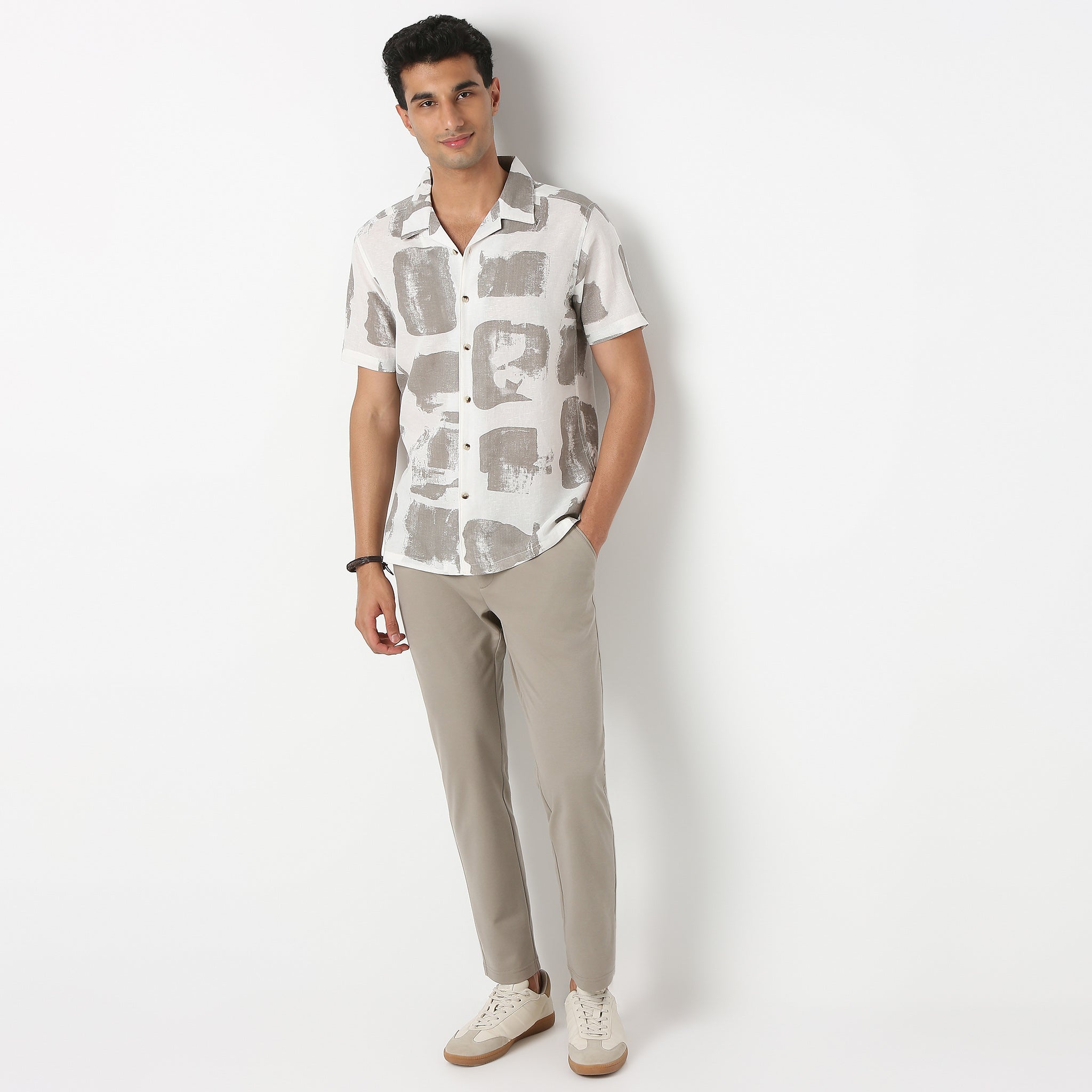 Lininᵉˣ - Linen Enriched Fine Natural Blend Shirts Printed Half Sleeve Camp Collar