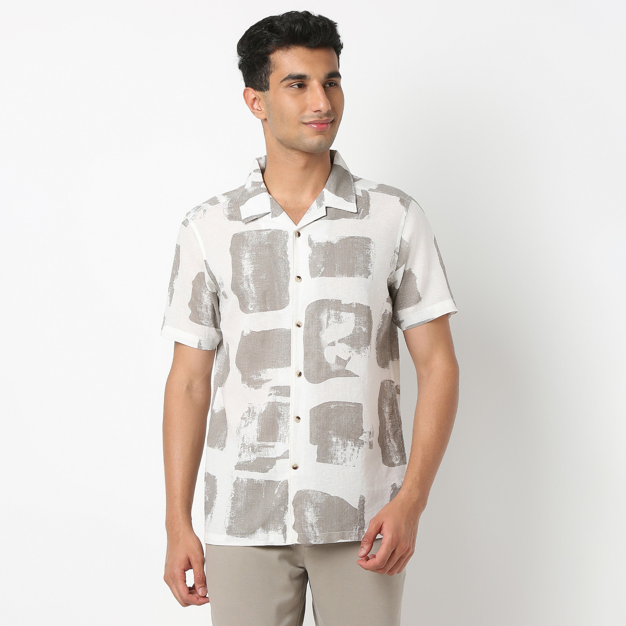 Lininᵉˣ - Linen Enriched Fine Natural Blend Shirts Printed Half Sleeve Camp Collar