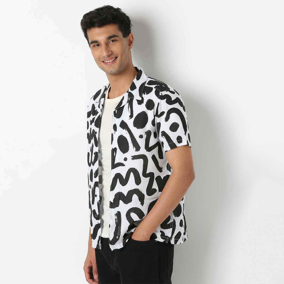 Lininᵉˣ - Linen Enriched Fine Natural Blend Shirts Printed Half Sleeve Camp Collar