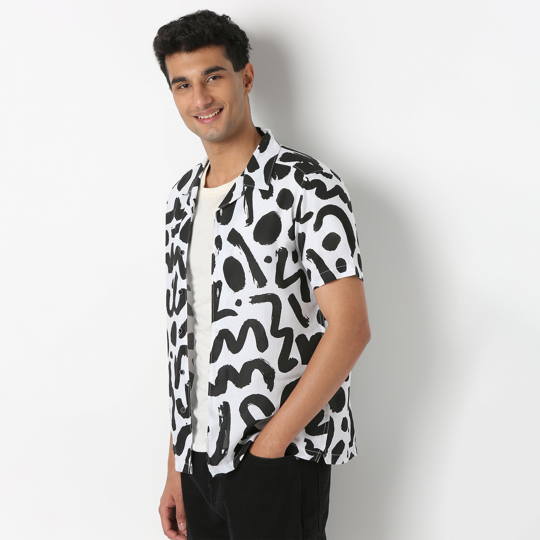 Lininᵉˣ - Linen Enriched Fine Natural Blend Shirts Printed Half Sleeve Camp Collar