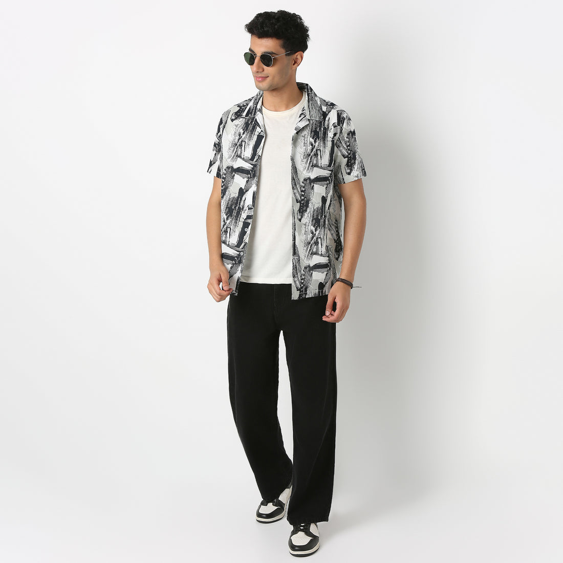 Lininᵉˣ - Linen Enriched Fine Natural Blend Shirts Printed Half Sleeve Camp Collar