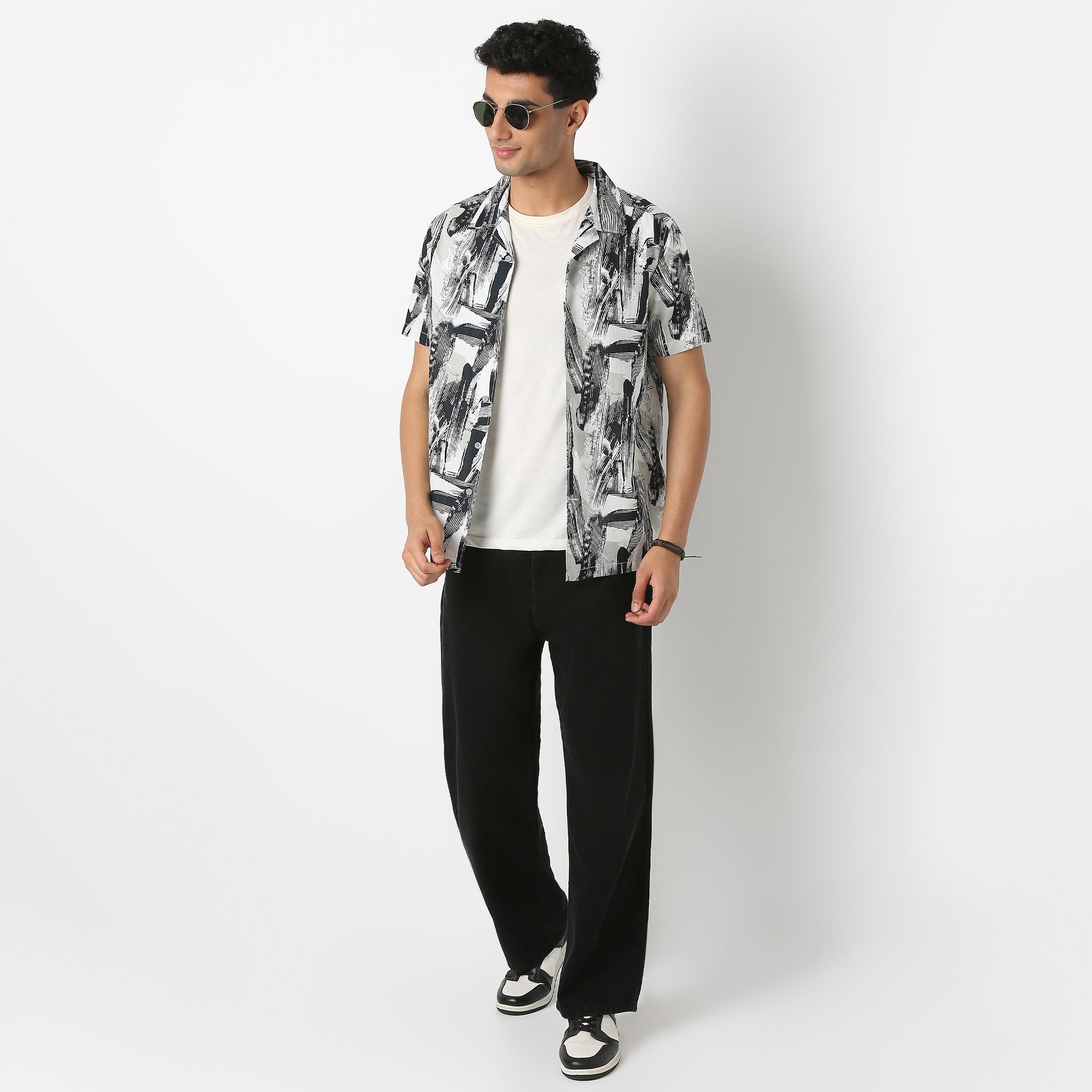 Lininᵉˣ - Linen Enriched Fine Natural Blend Shirts Printed Half Sleeve Camp Collar