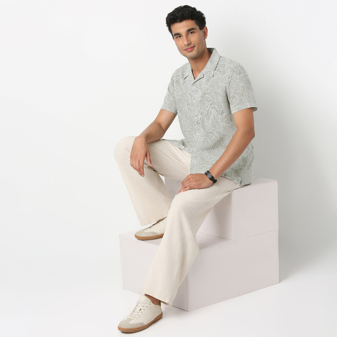 Lininᵉˣ - Linen Enriched Fine Natural Blend Shirts Printed Half Sleeve Camp Collar