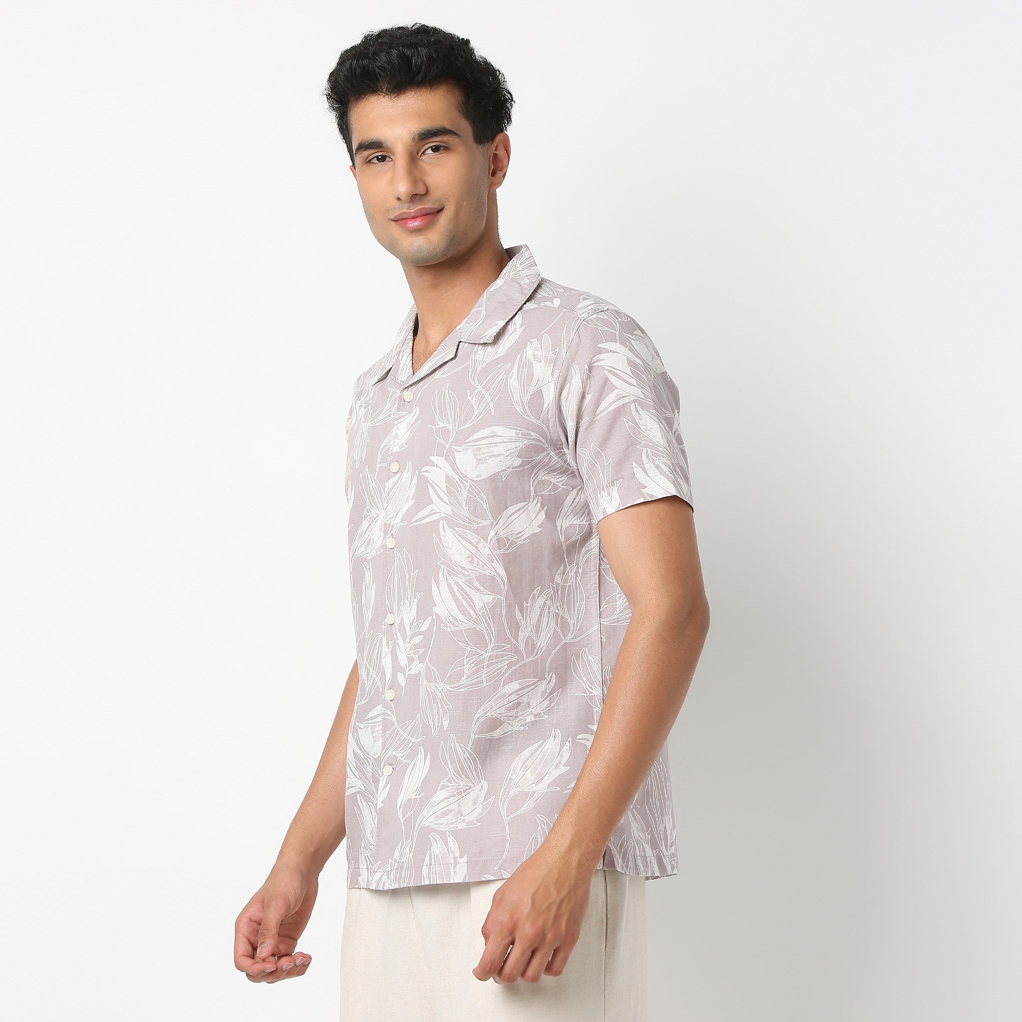 Lininᵉˣ - Linen Enriched Fine Natural Blend Shirts Printed Half Sleeve Camp Collar