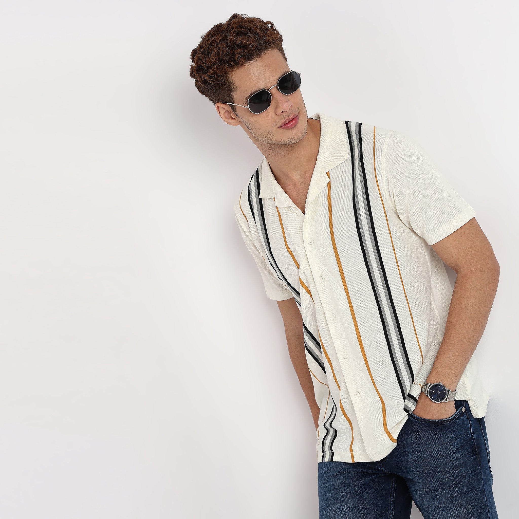 Striped Camp Collar University Half Sleeve Shirt