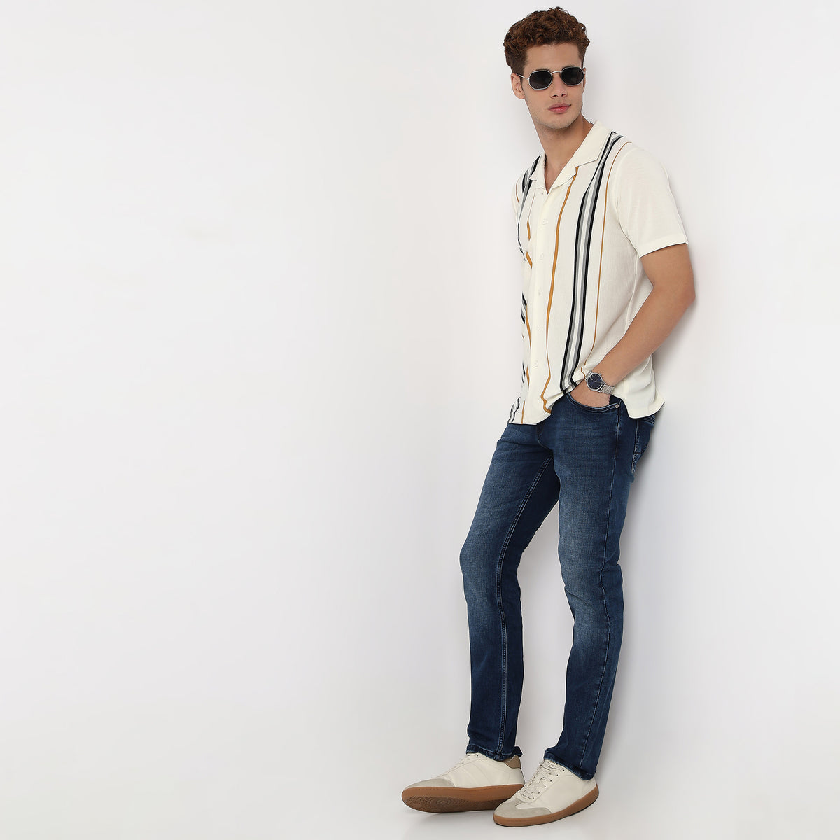 Striped Camp Collar University Half Sleeve Shirt