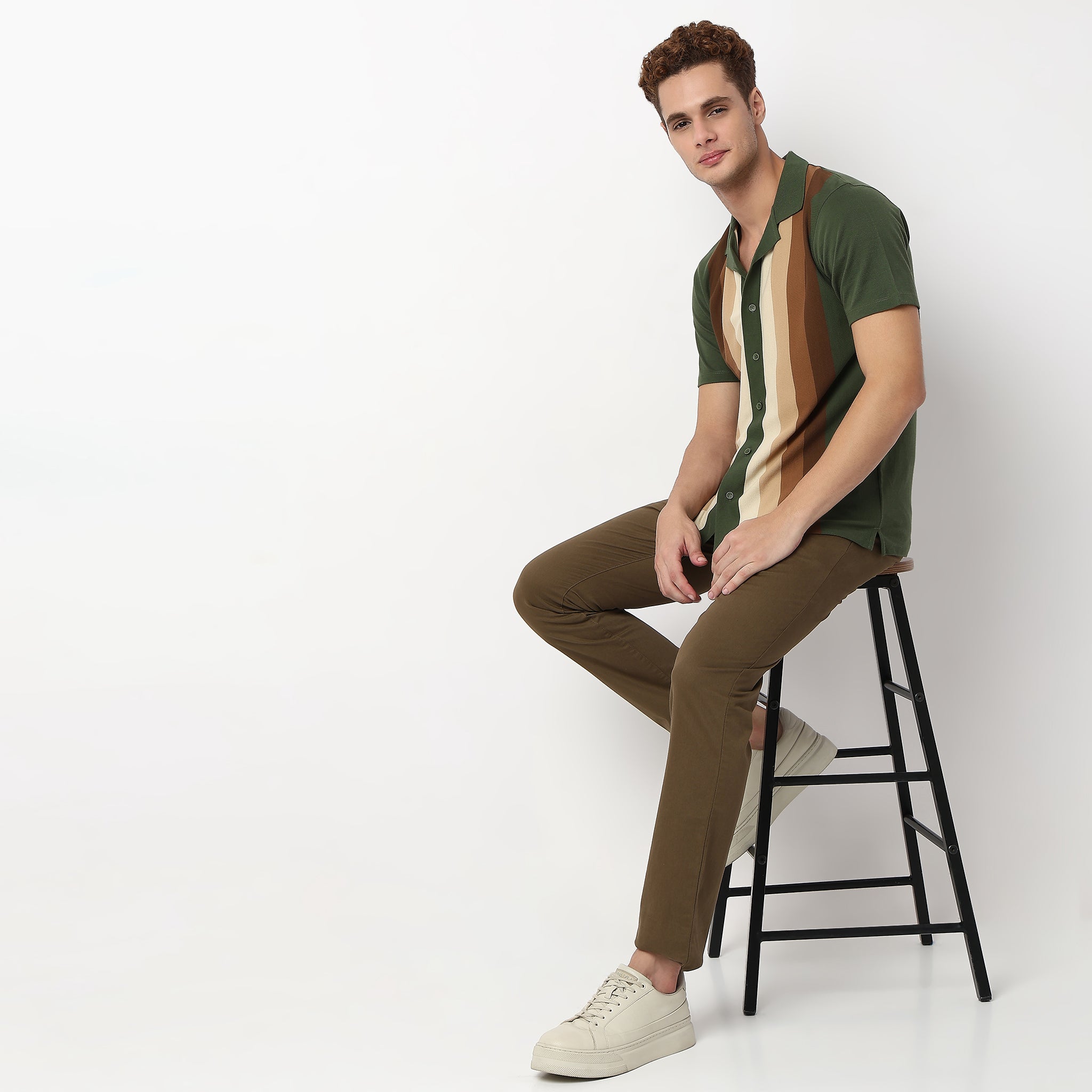 Knitted Striped Camp Collar Half Sleeve Shirt