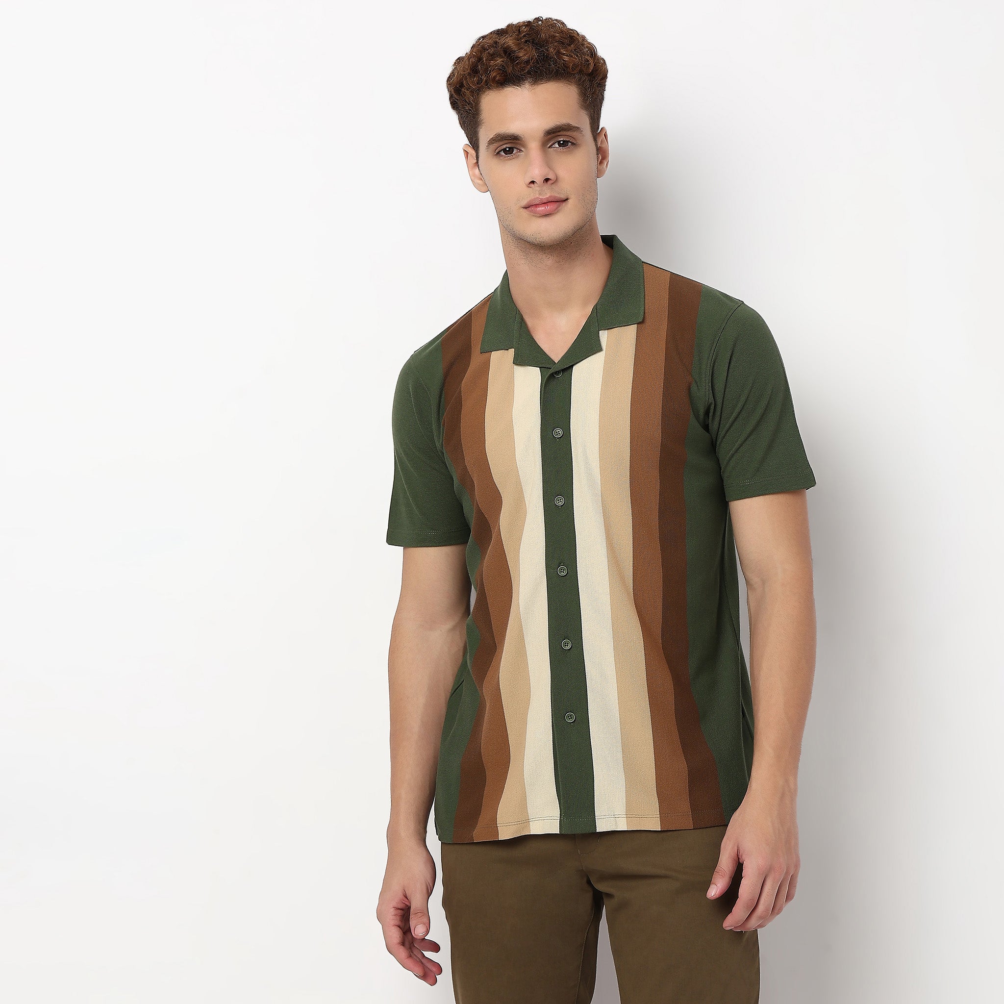 Knitted Striped Camp Collar Half Sleeve Shirt