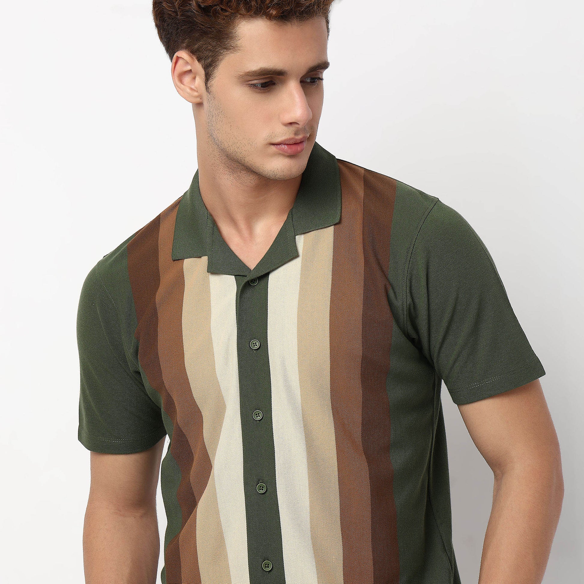 Knitted Striped Camp Collar Half Sleeve Shirt