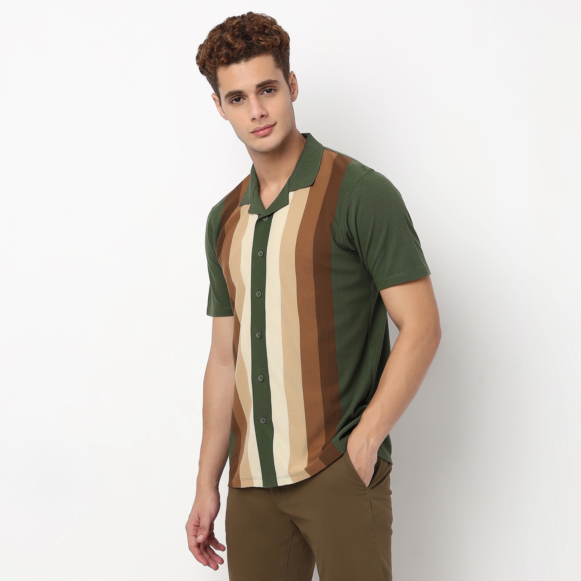 Knitted Striped Camp Collar Half Sleeve Shirt