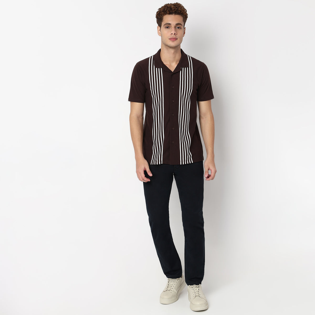Knitted Striped Camp Collar Half Sleeve Shirt