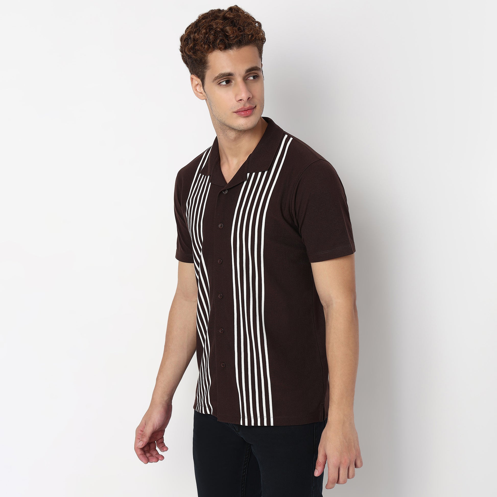 Knitted Striped Camp Collar Half Sleeve Shirt