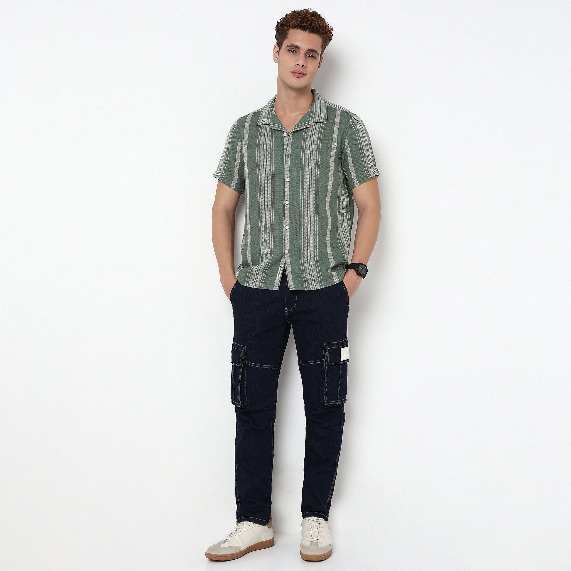 Striped Camp Collar Cuban Half Sleeve Shirt