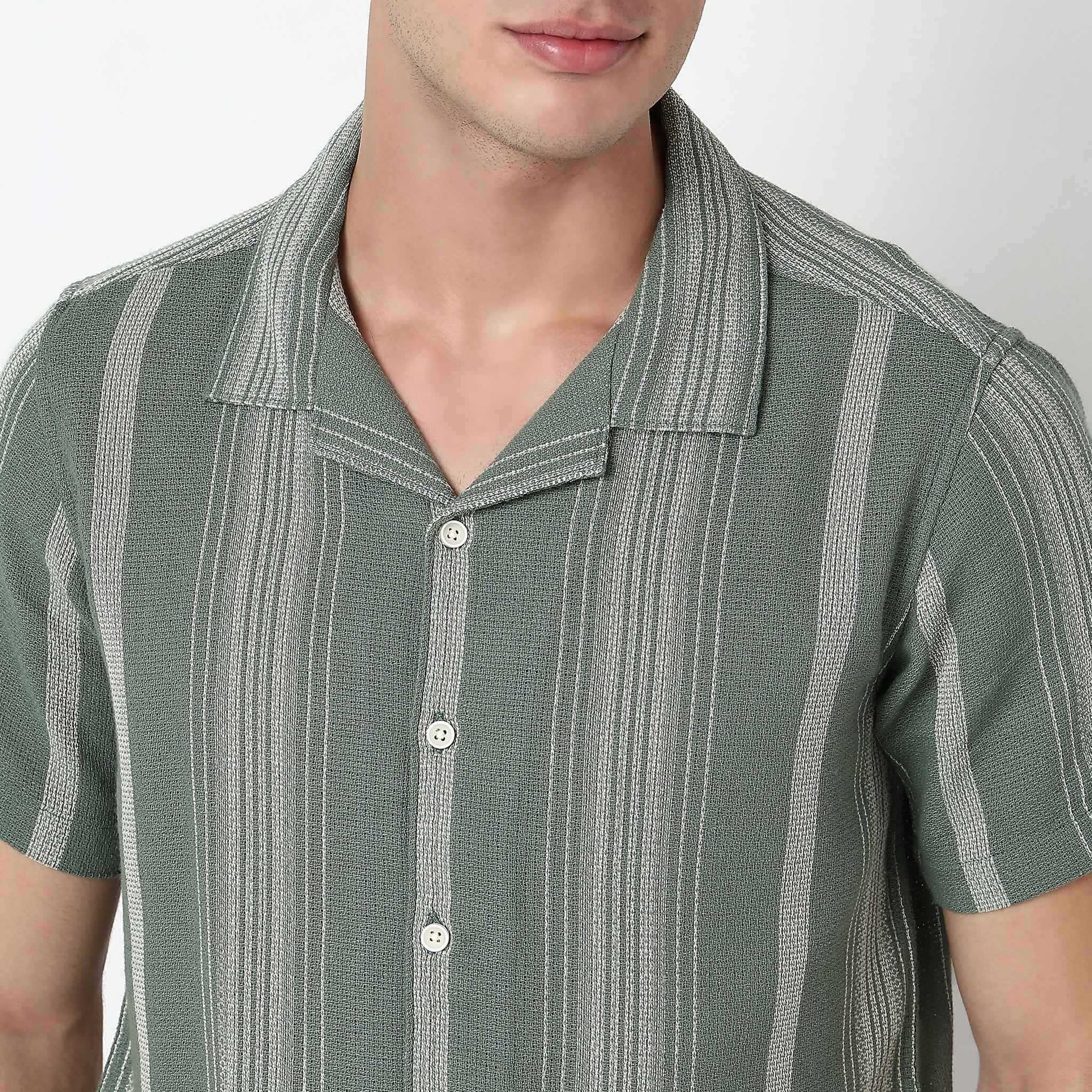 Striped Camp Collar Cuban Half Sleeve Shirt