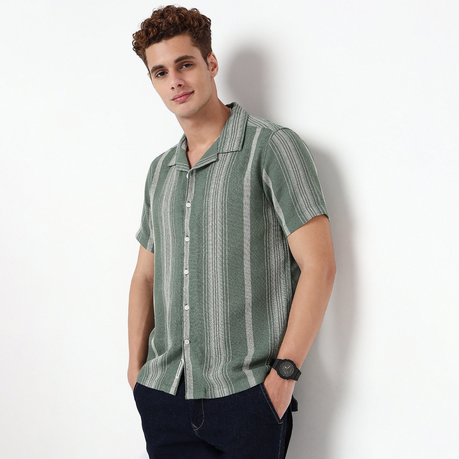 Striped Camp Collar Cuban Half Sleeve Shirt