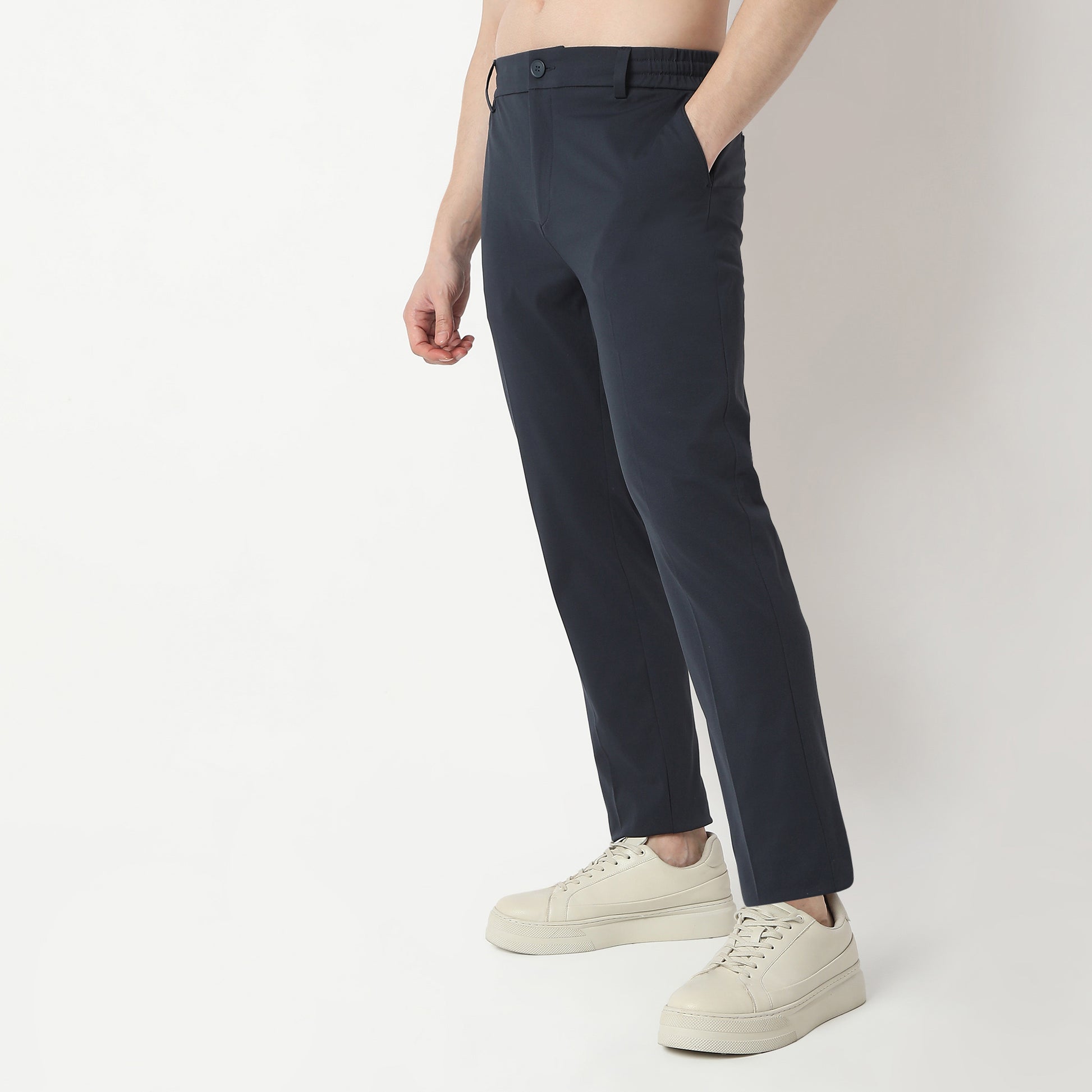 Regular Fit Solid Mid Rise Trousers