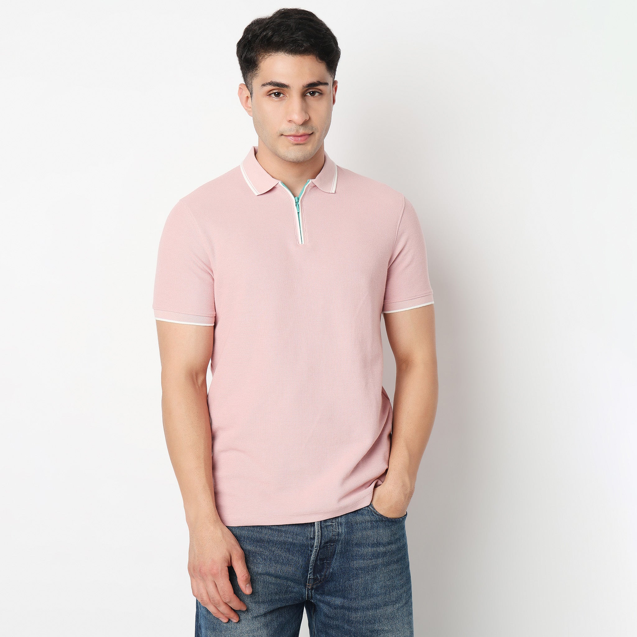 Smart Polo 2.0 Structured Knit with Trim-Zip Neck T-Shirt – Style
