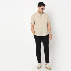 Linen Enriched Fine Natural Blend Shirt Half Sleeve Band Collar