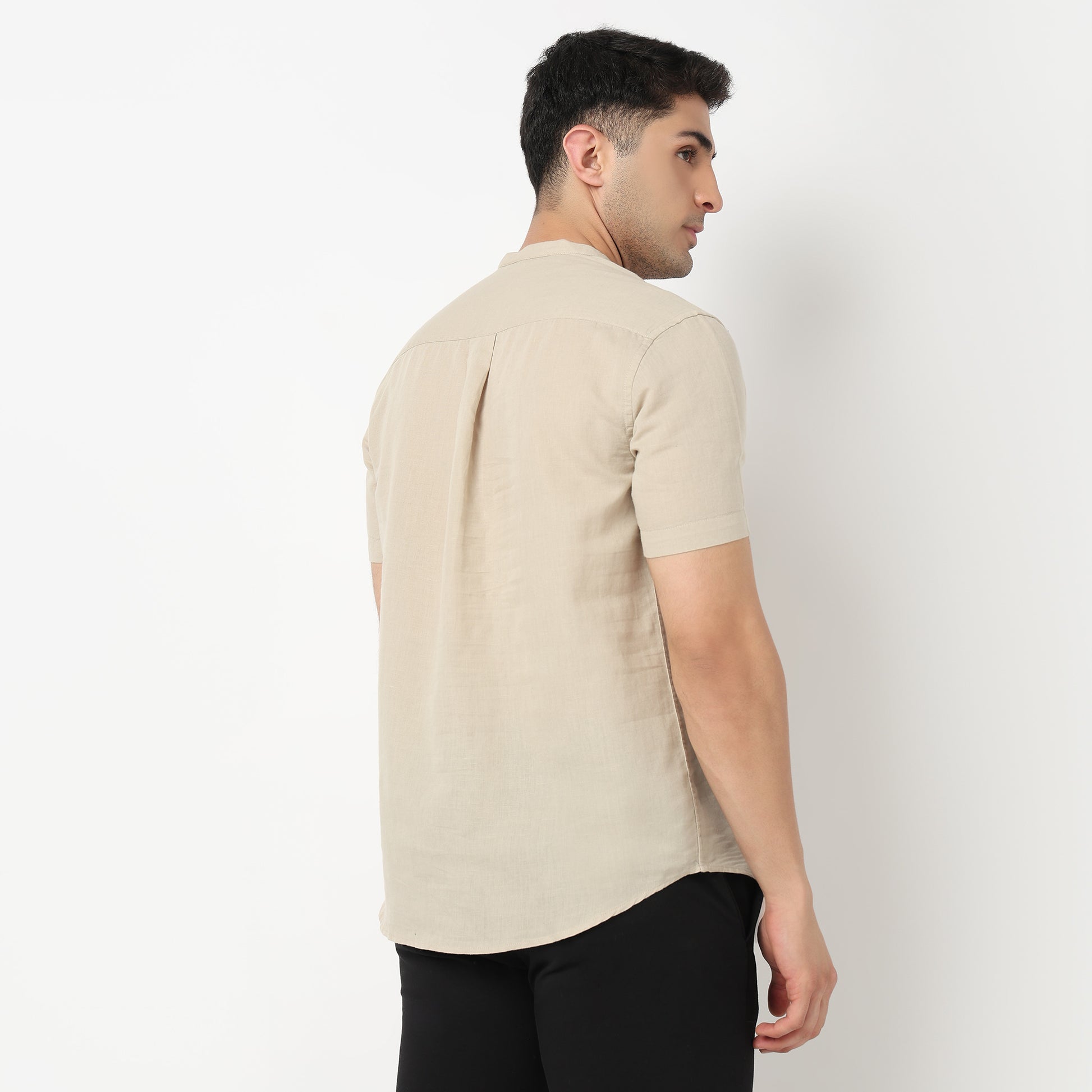 Linen Enriched Fine Natural Blend Shirt Half Sleeve Band Collar