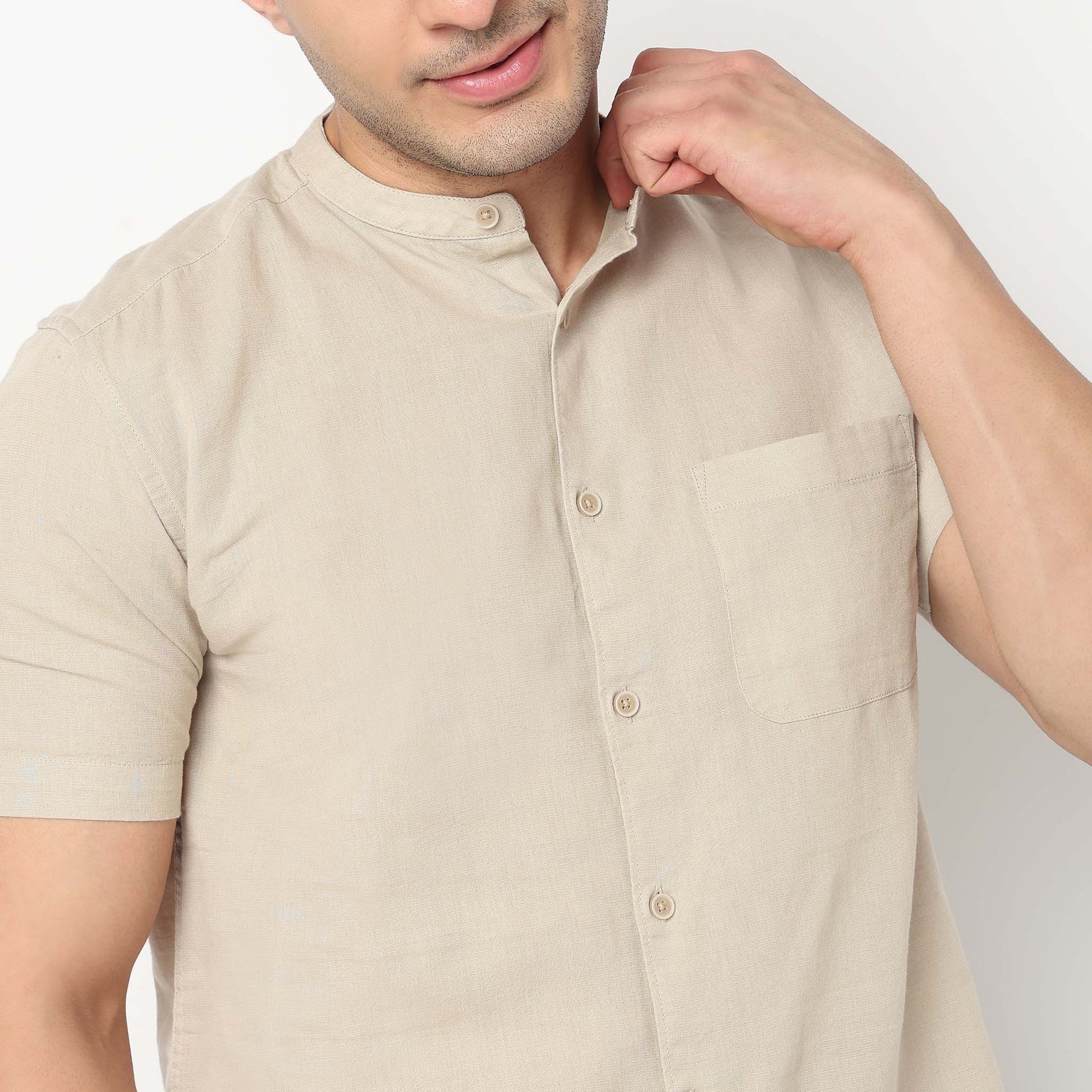 Linen Enriched Fine Natural Blend Shirt Half Sleeve Band Collar