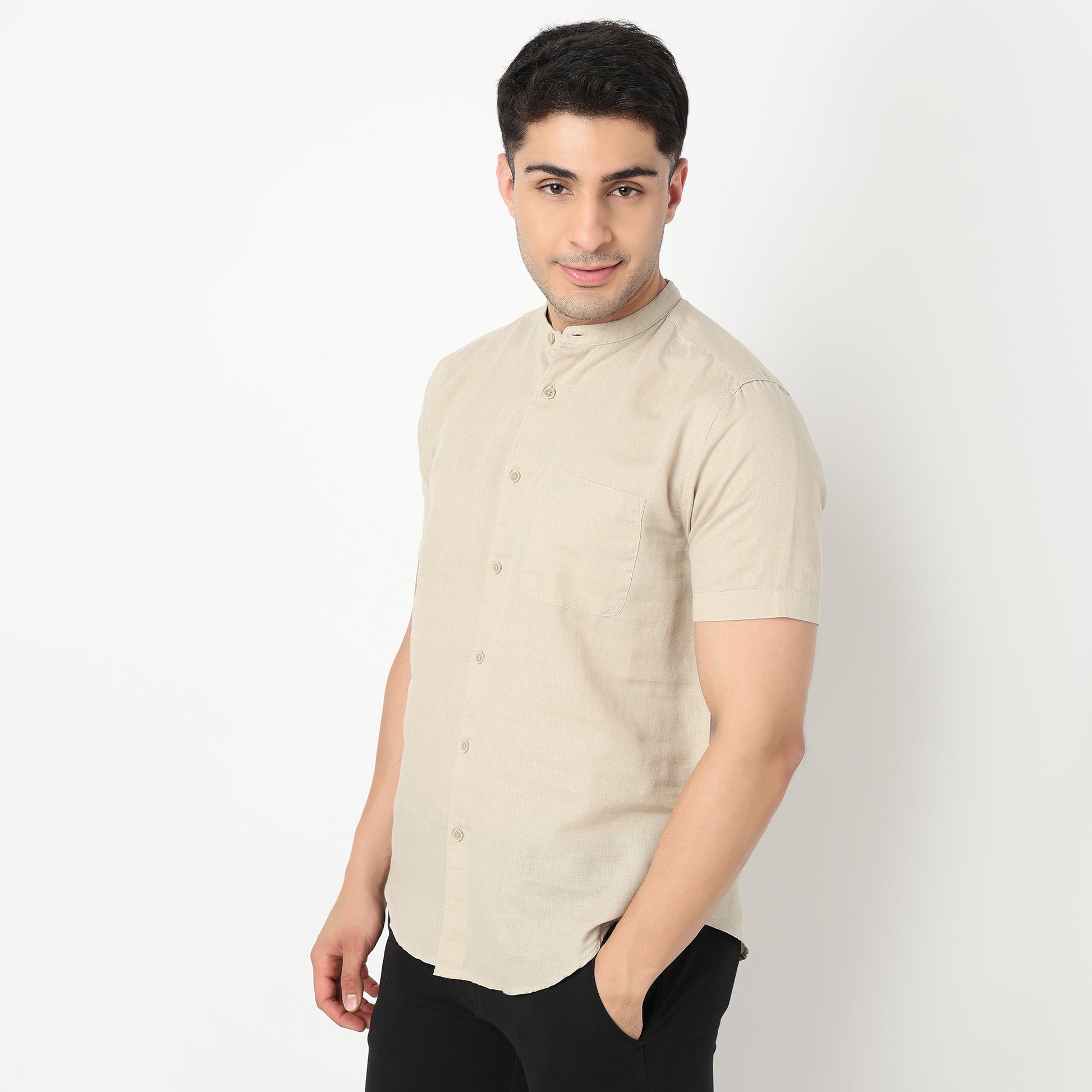 Linen Enriched Fine Natural Blend Shirt Half Sleeve Band Collar