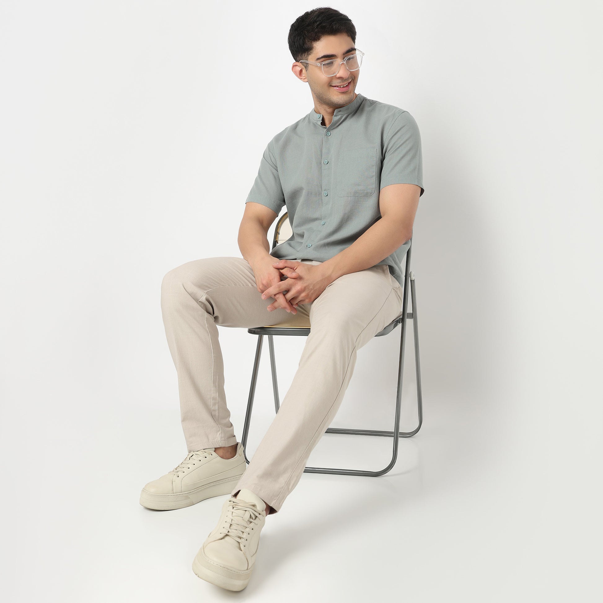 Linen Enriched Fine Natural Blend Shirt Half Sleeve Band Collar