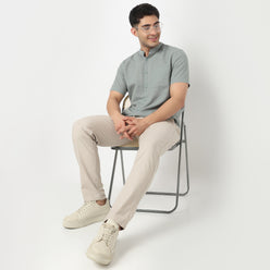 Linen Enriched Fine Natural Blend Shirt Half Sleeve Band Collar