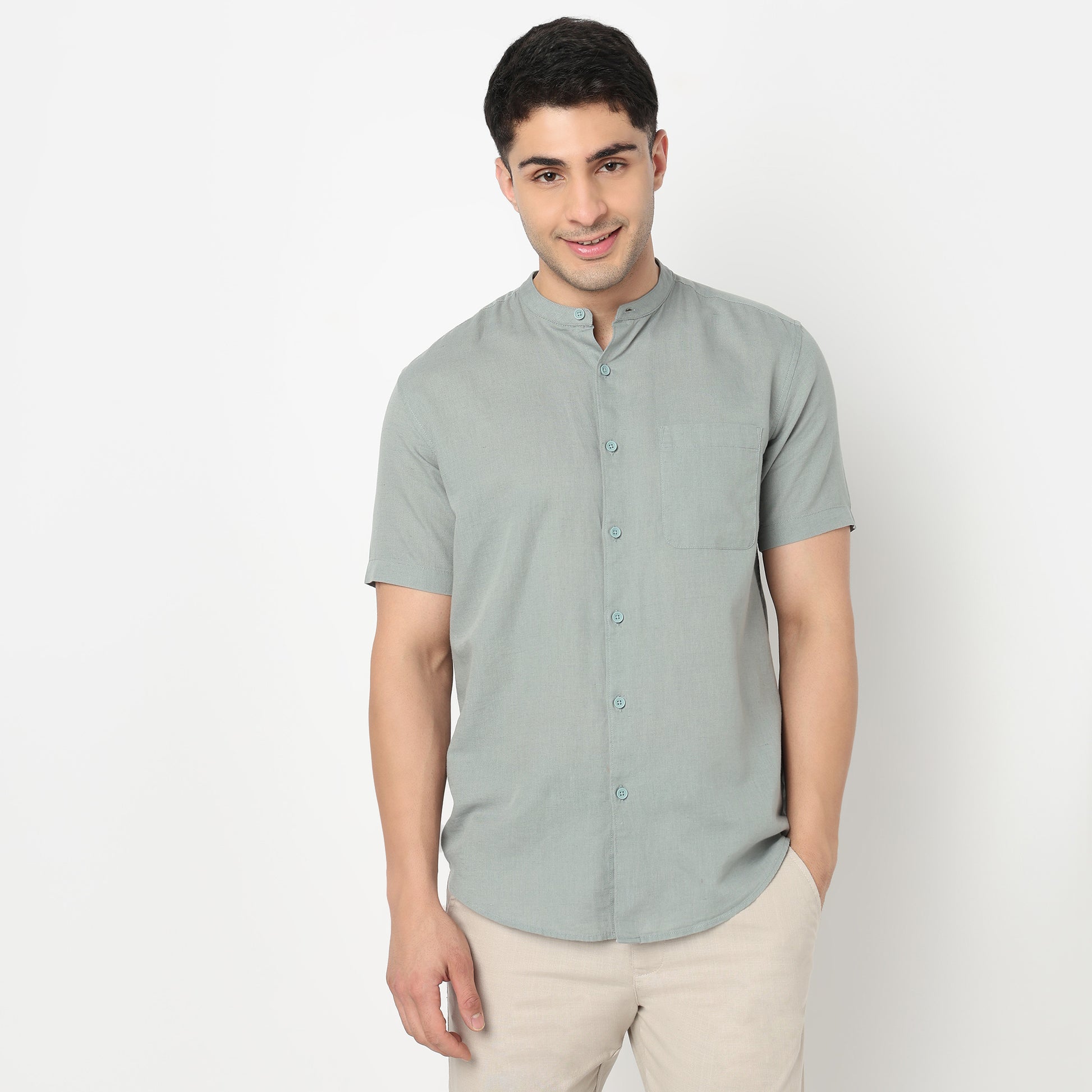 Linen Enriched Fine Natural Blend Shirt Half Sleeve Band Collar