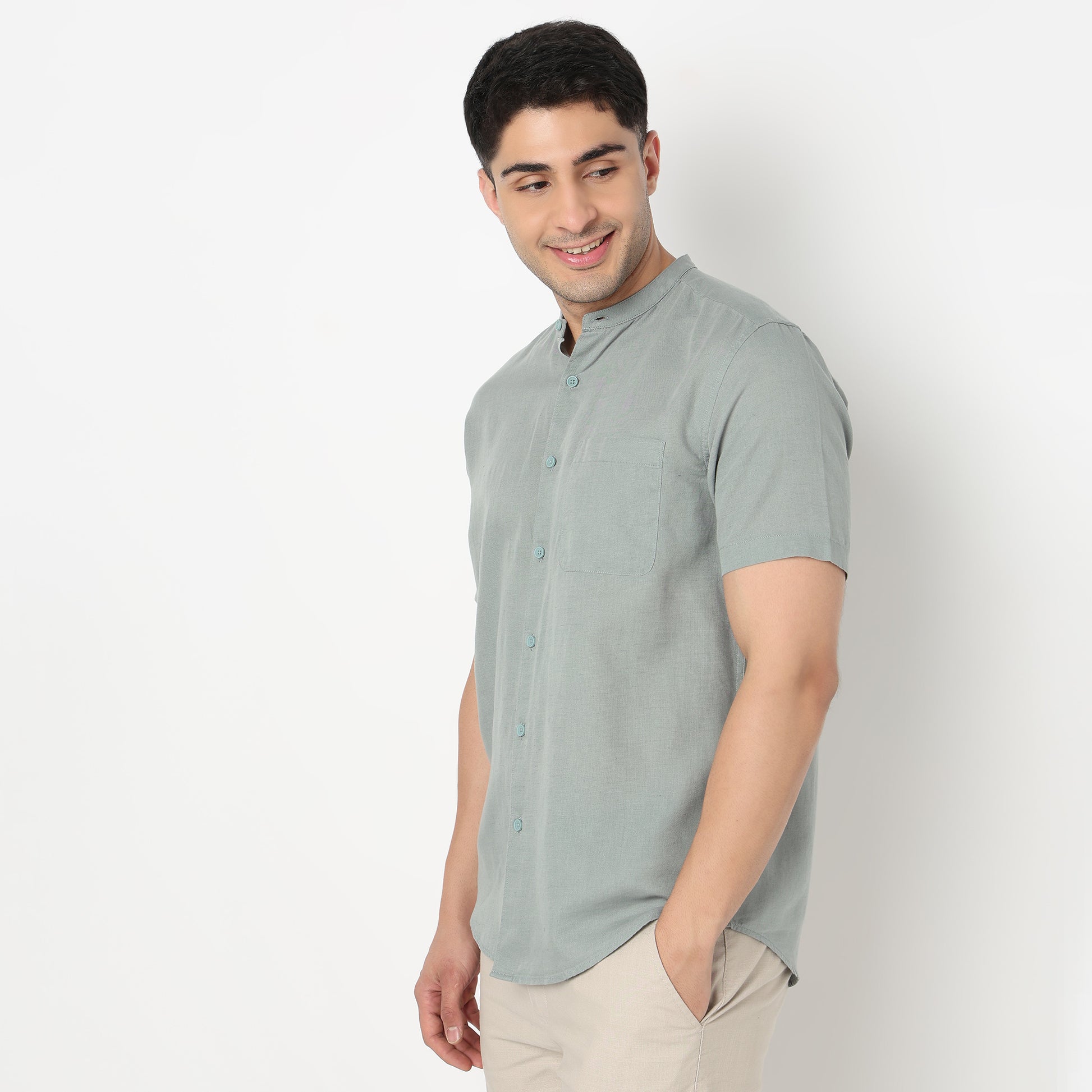 Linen Enriched Fine Natural Blend Shirt Half Sleeve Band Collar