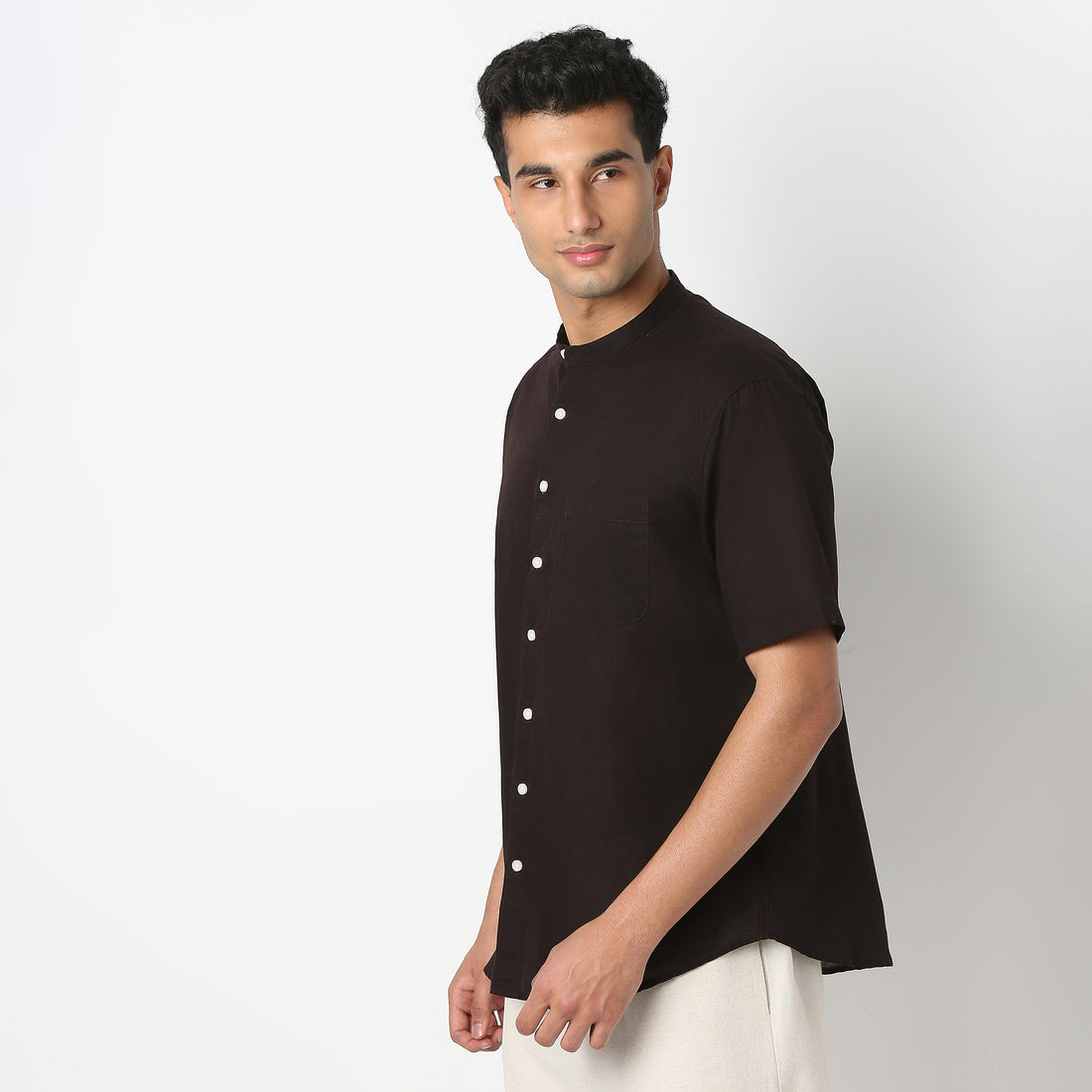 Linen Enriched Fine Natural Blend Shirt Half Sleeve Band Collar