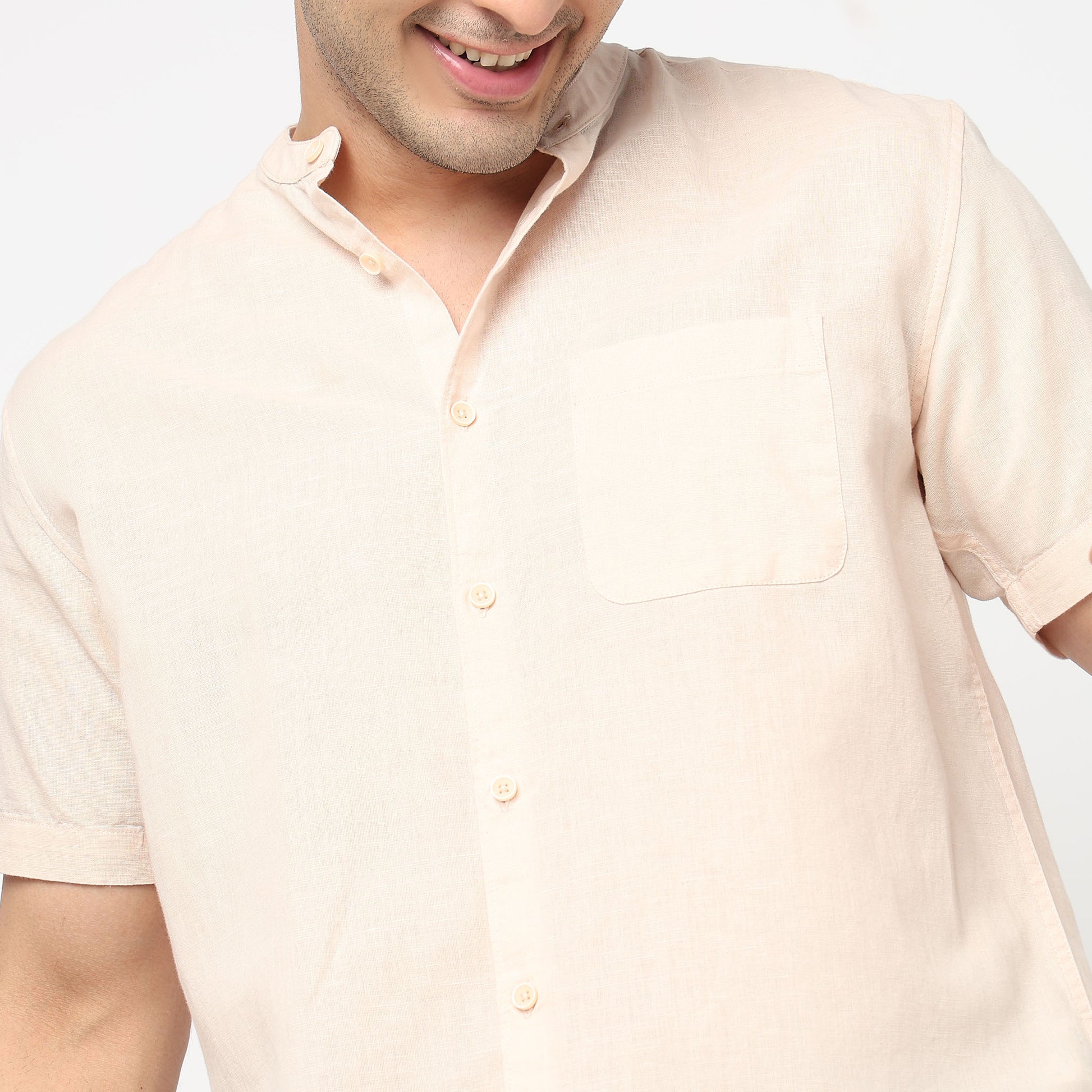 Linen Enriched Fine Natural Blend Shirt Half Sleeve Band Collar