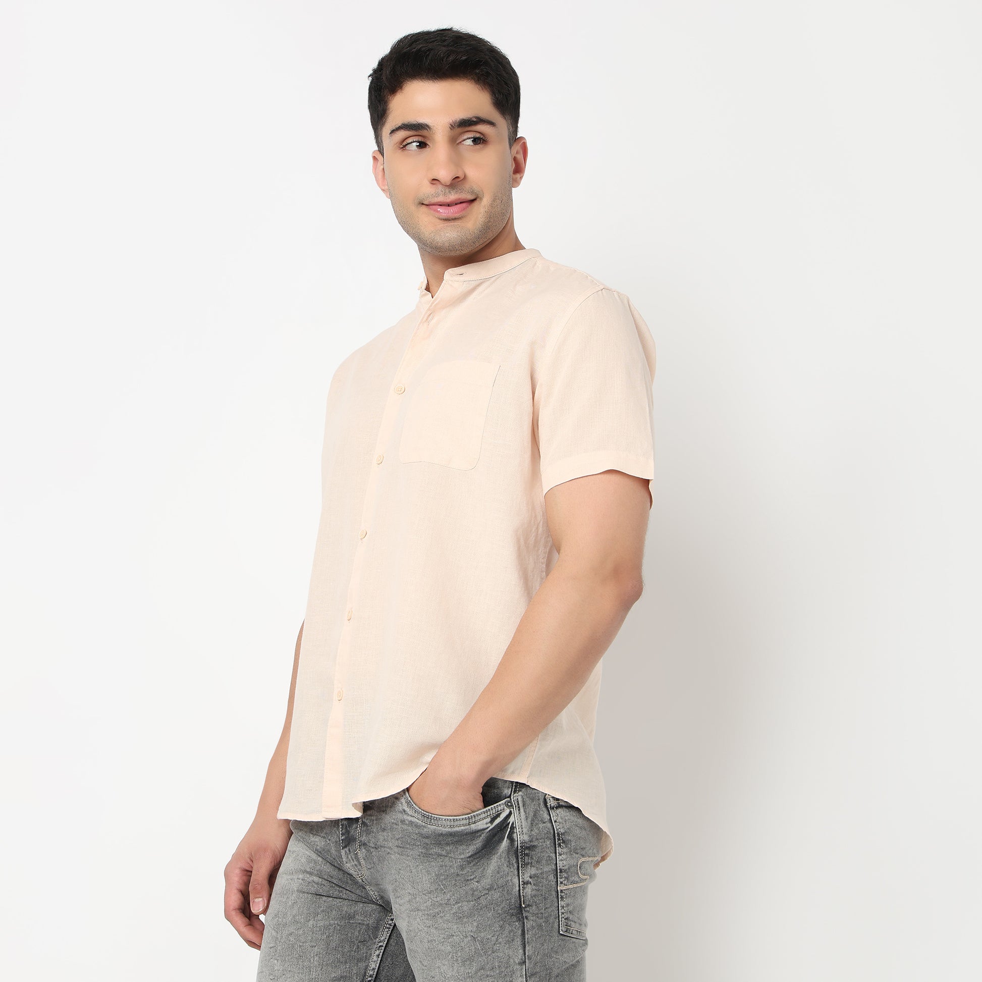 Linen Enriched Fine Natural Blend Shirt Half Sleeve Band Collar