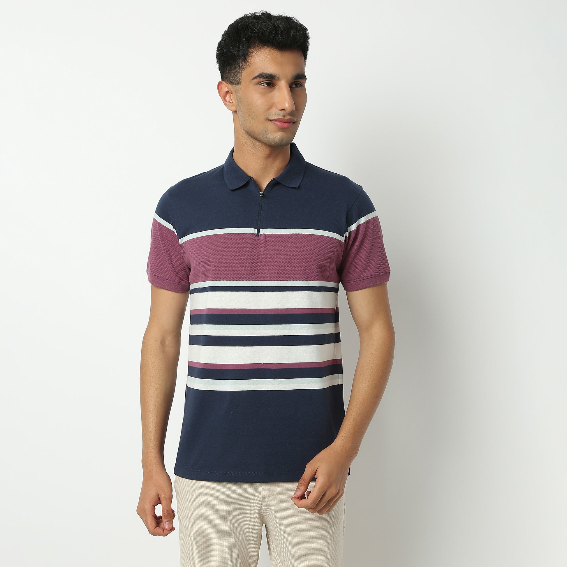 Regular Fit Striped Polo Neck T-Shirt